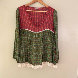 NATURAL LIFE Green and Pink Long Sleeve Blouse with Ruffled Design